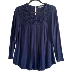 Daniel Rainn Navy Crochet Yoke Pleated Blouse Medium
